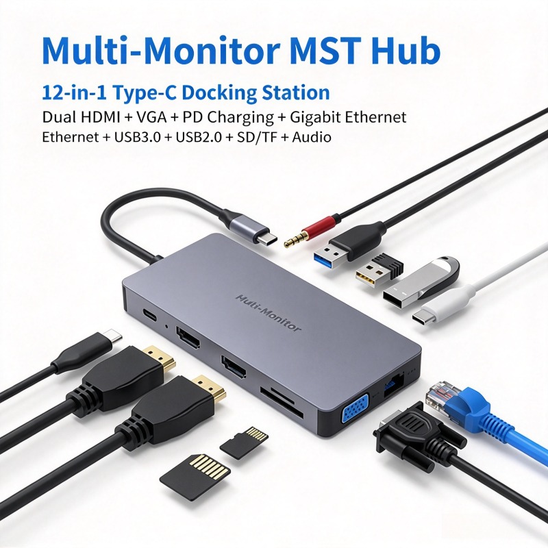Usb C Hub 12 In 1 Triple Display - Stasiun Docking Tipe C, Hub Konverter