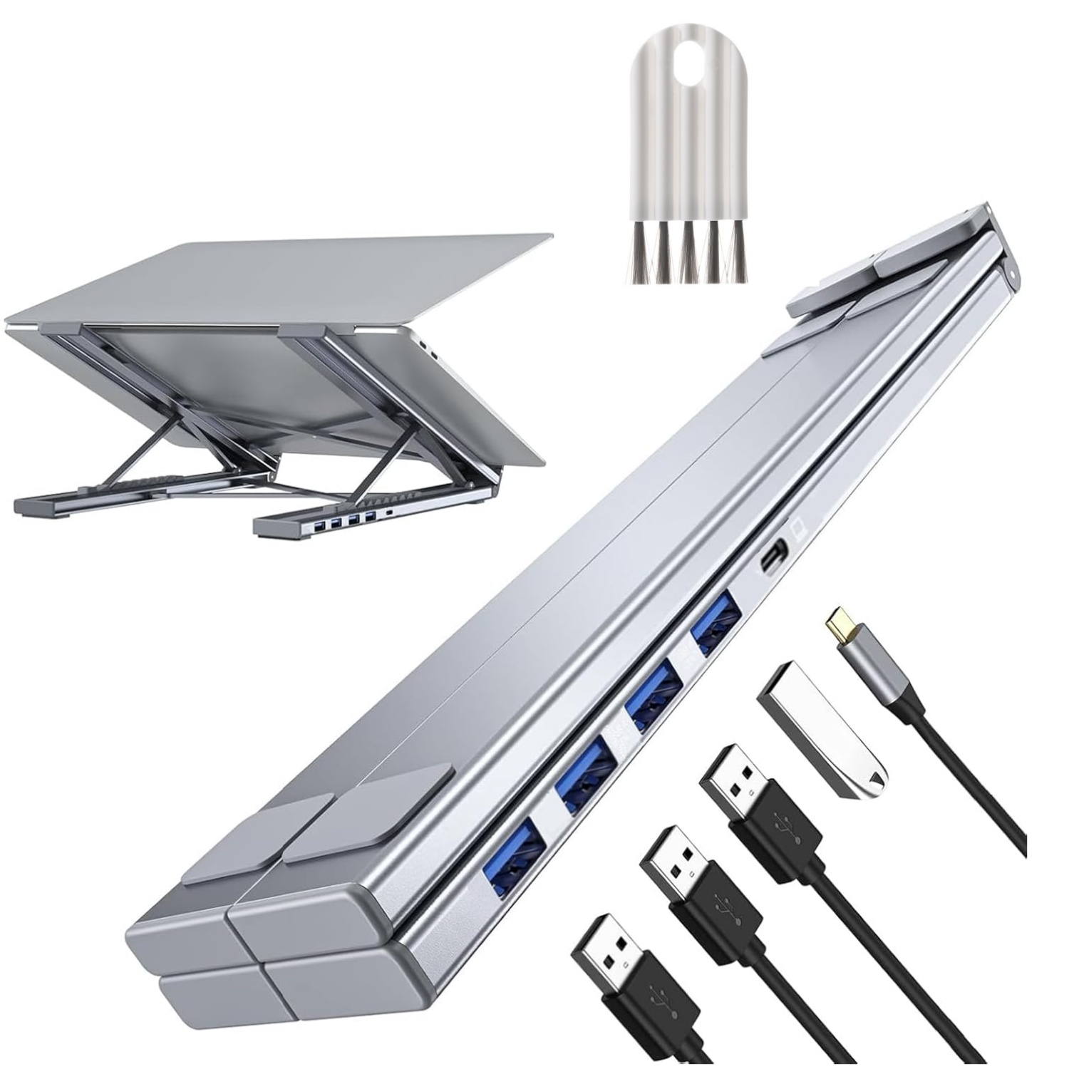 Laptop Stand Dock Aluminum - Dudukan Laptop USB-C, 4 Port USB3.0