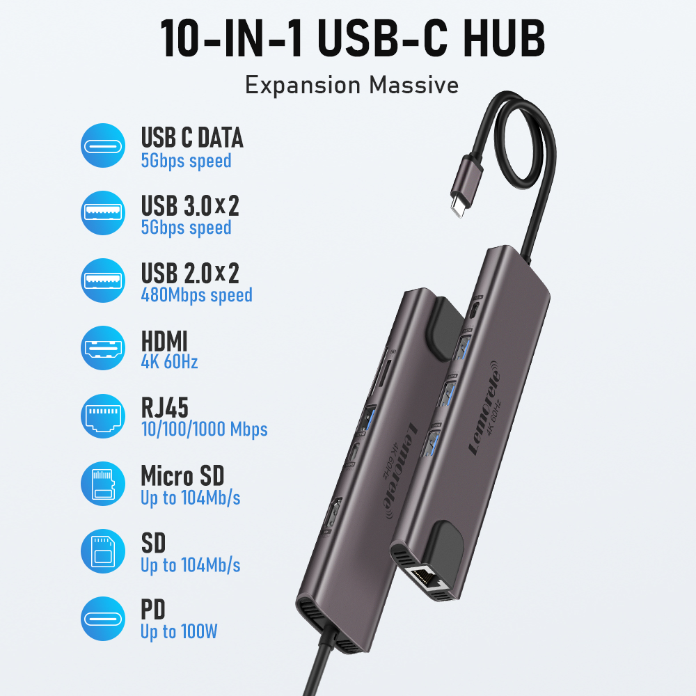 Lemorele 10 In 1 USB C HUB Doc - Usb C Hub Sd Card Reader 4K Hdmi ulasan dan harga
