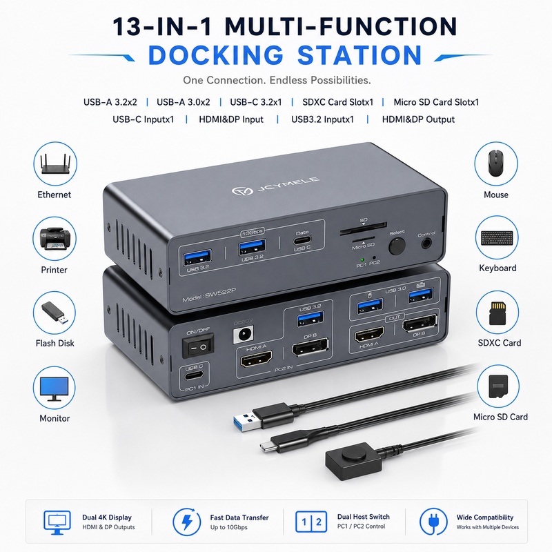 JCYMELE Dual-Monitor USB-C KVM - Docking Station Dual Monitor Dp Hdmi ulasan dan harga