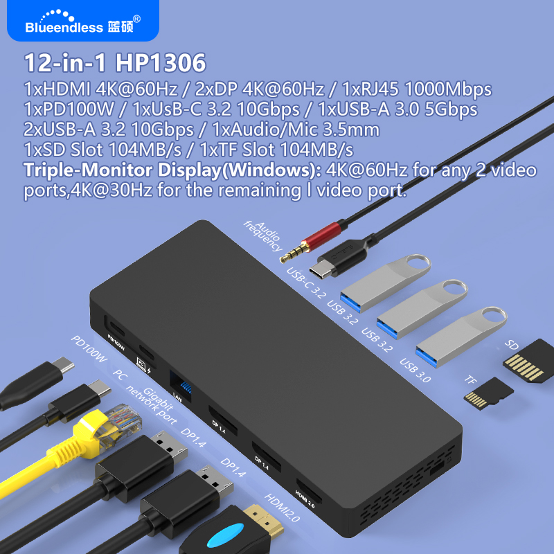 Blueendless USB C Docking Stat - Usb C Hub 12 In 1 Triple Display ulasan dan harga
