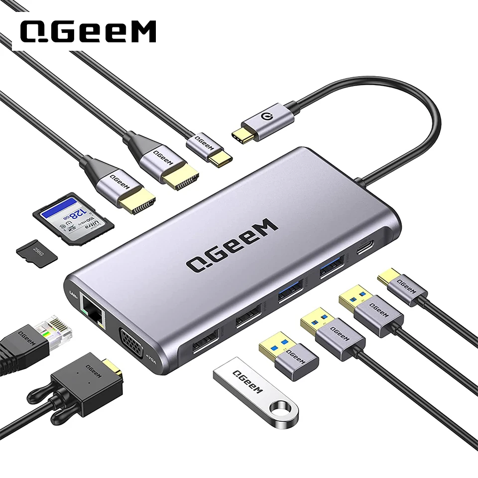 QGeeM USB C Hub untuk Macbook  - Usb C Hub 12 In 1 Triple Display ulasan dan harga